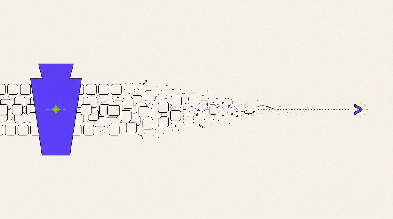Flat editorial illustration of dozens of identical app cards dissolving into a single prompt cursor while one solid shape stands apart